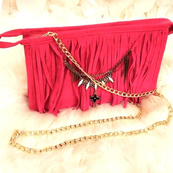 CROSSBODY Fringed Purse Fuscia Pink BOHEMIAN Beaded Chain Flower Charm Gypsy - Picture 6 of 11